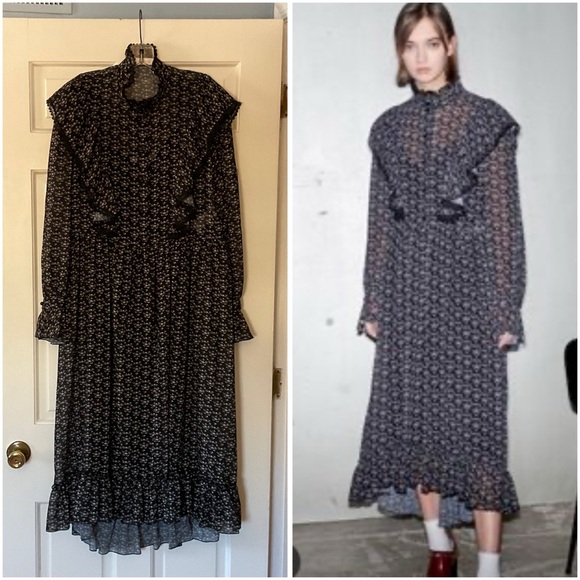 See By Chloe Dresses & Skirts - See By Chloe Black Floral Crepe Midi Dress FR Size 42 Ruffle Victorian Feminine